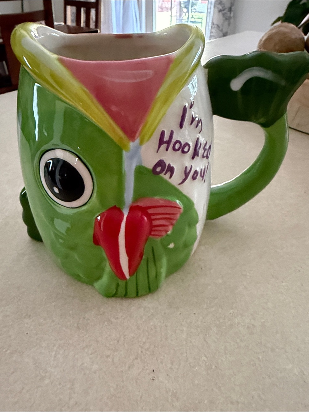 Green Parrot Ceramic Mug with Pink Accent